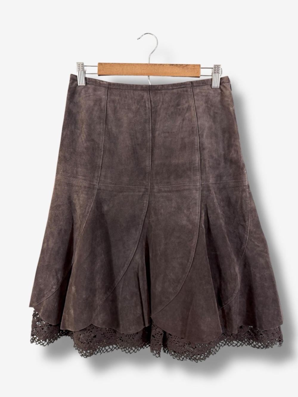 Anthropologie Odille Brown Seude Skirt Size 0 Lace Trim A-Line Flare Boho